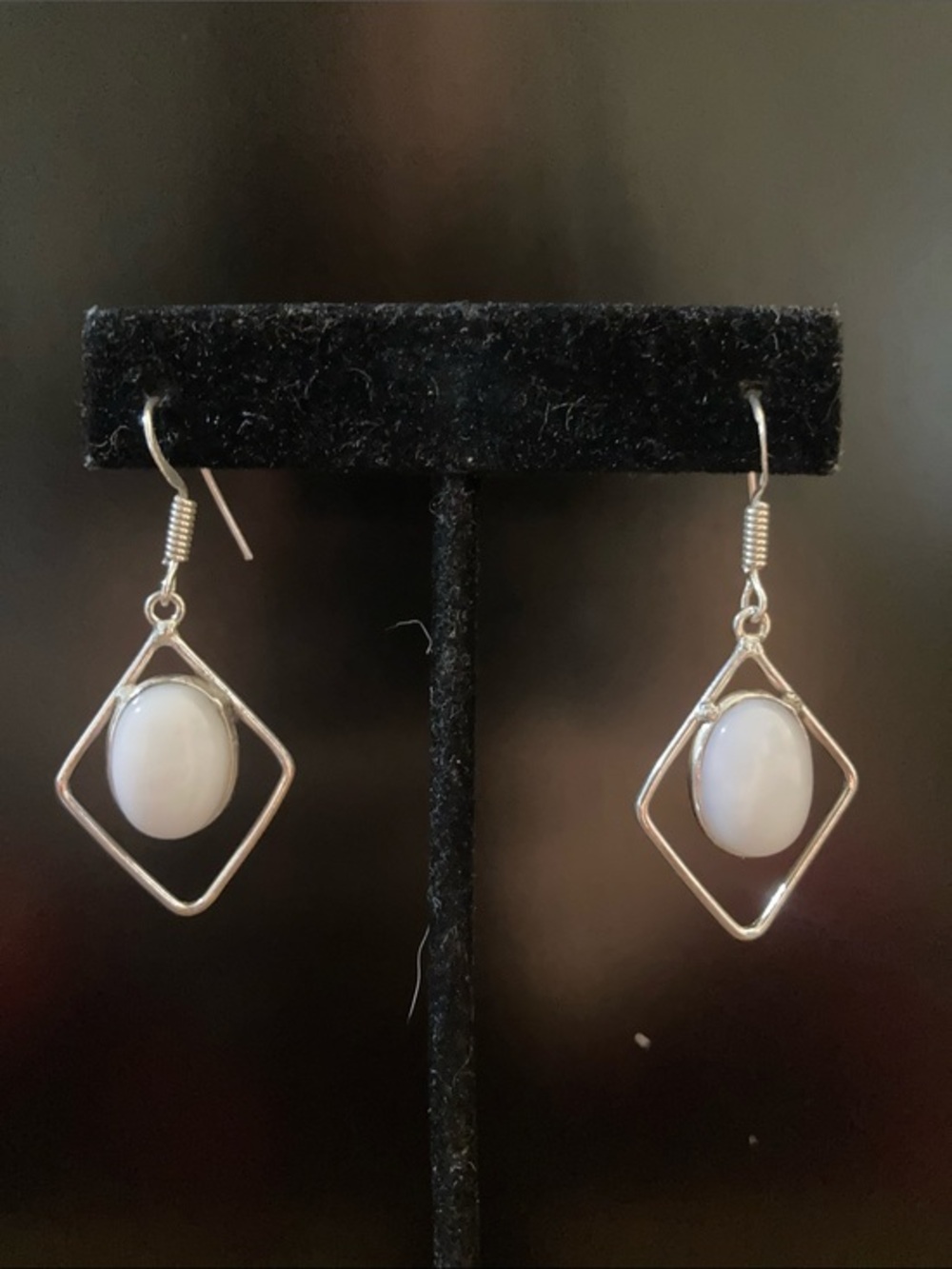 Sterling Silver White Oval Stone Drop Earrings